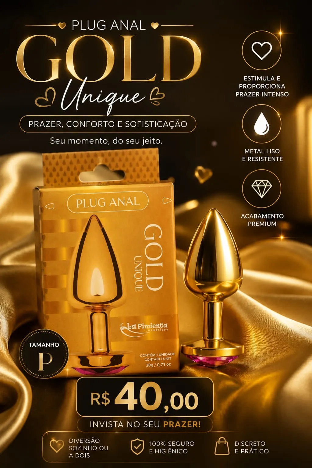 Plug dourado com pedra rosa tamanho P