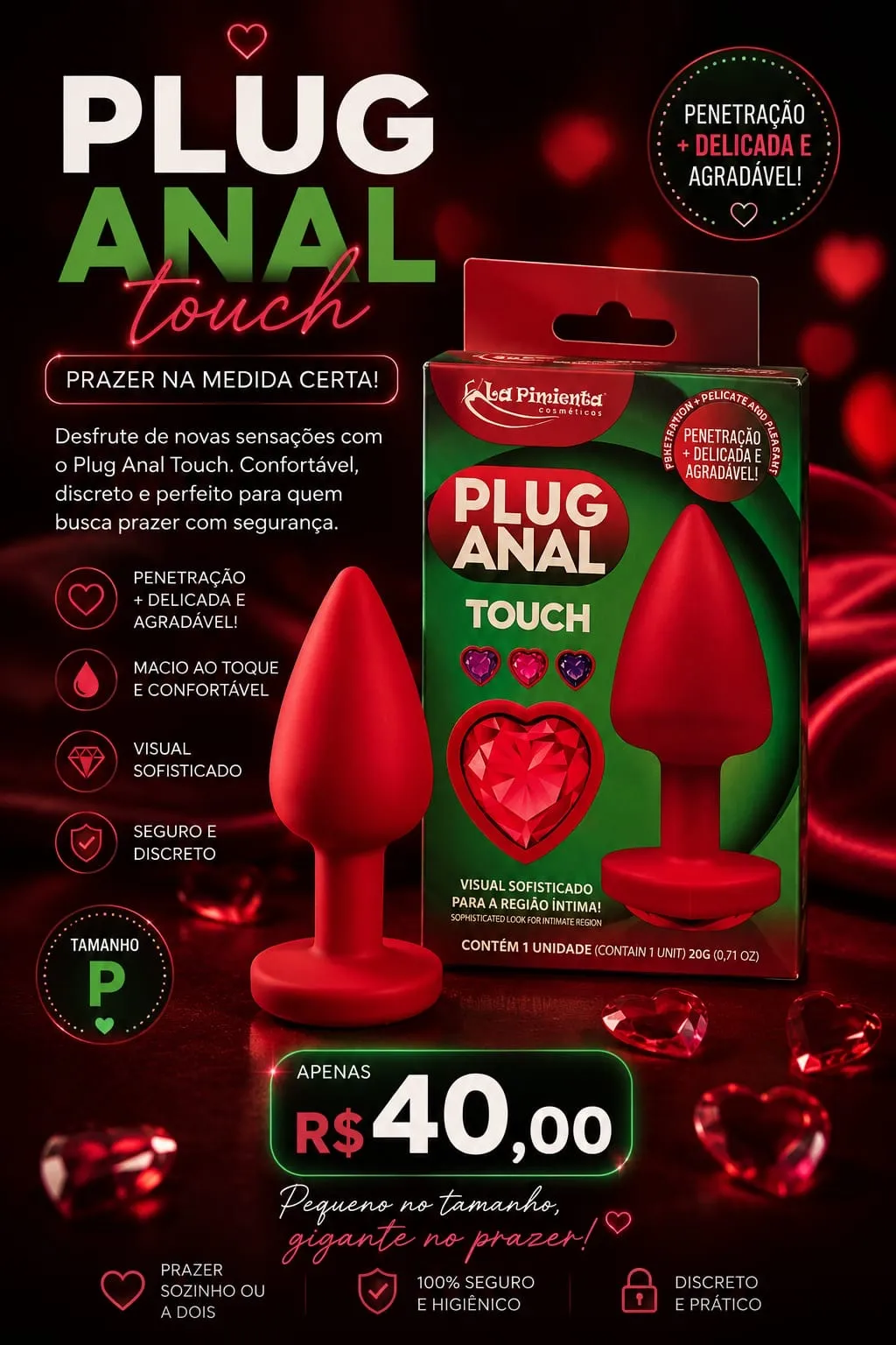 Plug vermelho pedra em formato de coração tamanho P